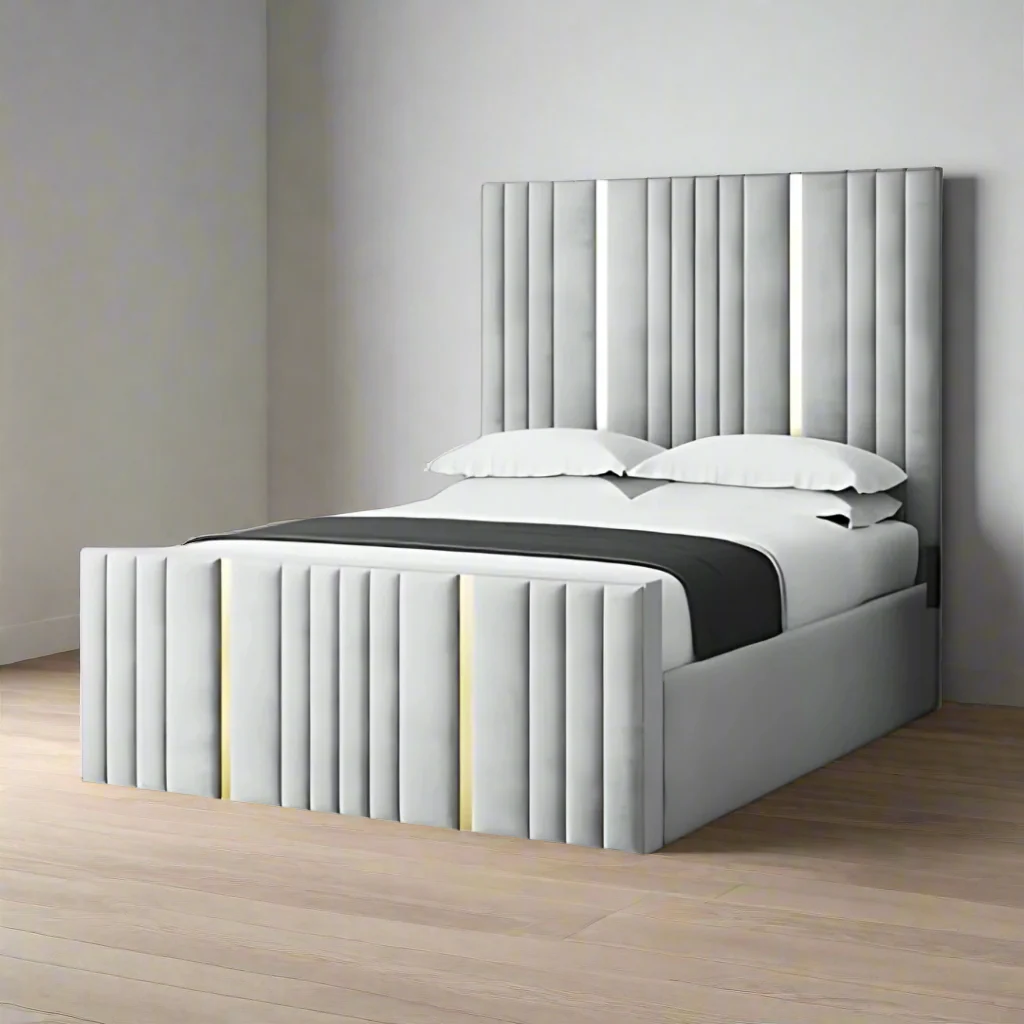 panelled Vertical Line Panel Golden Strips Bed With Storage and Mattress Options - Image 1